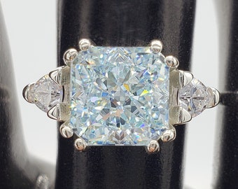 8mm Ice Blue Crushed Ice Radiant Cut, Three Stone Ring, 5A Quality Cubic Zirconia, Made to Order, 925 Sterling Silver