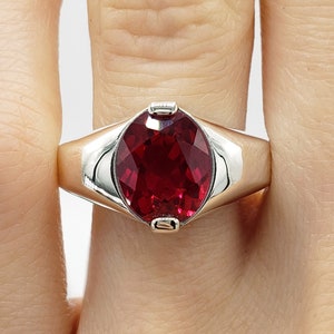 8x6mm - 10x8mm Mens Oval Cut Ring, Lab Created Red Ruby, Sterling Silver, Made to Order