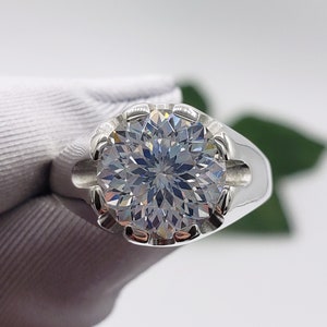 8MM - 10MM Mens Round Portuguese Cut Statement Ring, 6A Quality Cubic Zirconia, Unplated Sterling Silver, Made to Order