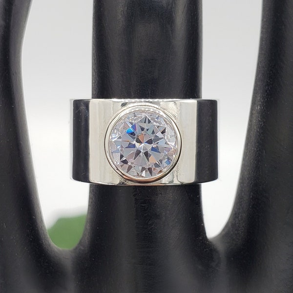 6mm - 8mm Handmade 10mm Wide Bezel Set Ring, 6A Quality Cubic Zirconia, 925 Sterling Silver, Made to Order