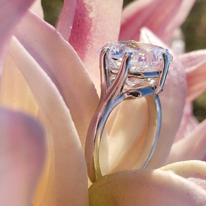 May include: A silver engagement ring with a large, clear, round diamond set in a prong setting. The ring is resting on a pink flower.