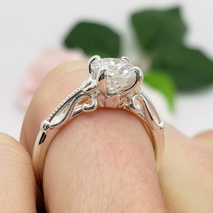 6.5mm - 7mm Round Cut, Nature Inspired, Solitaire Engagement Wedding Ring, 6A Quality Cubic Zirconia or Moissanite, Made to Order