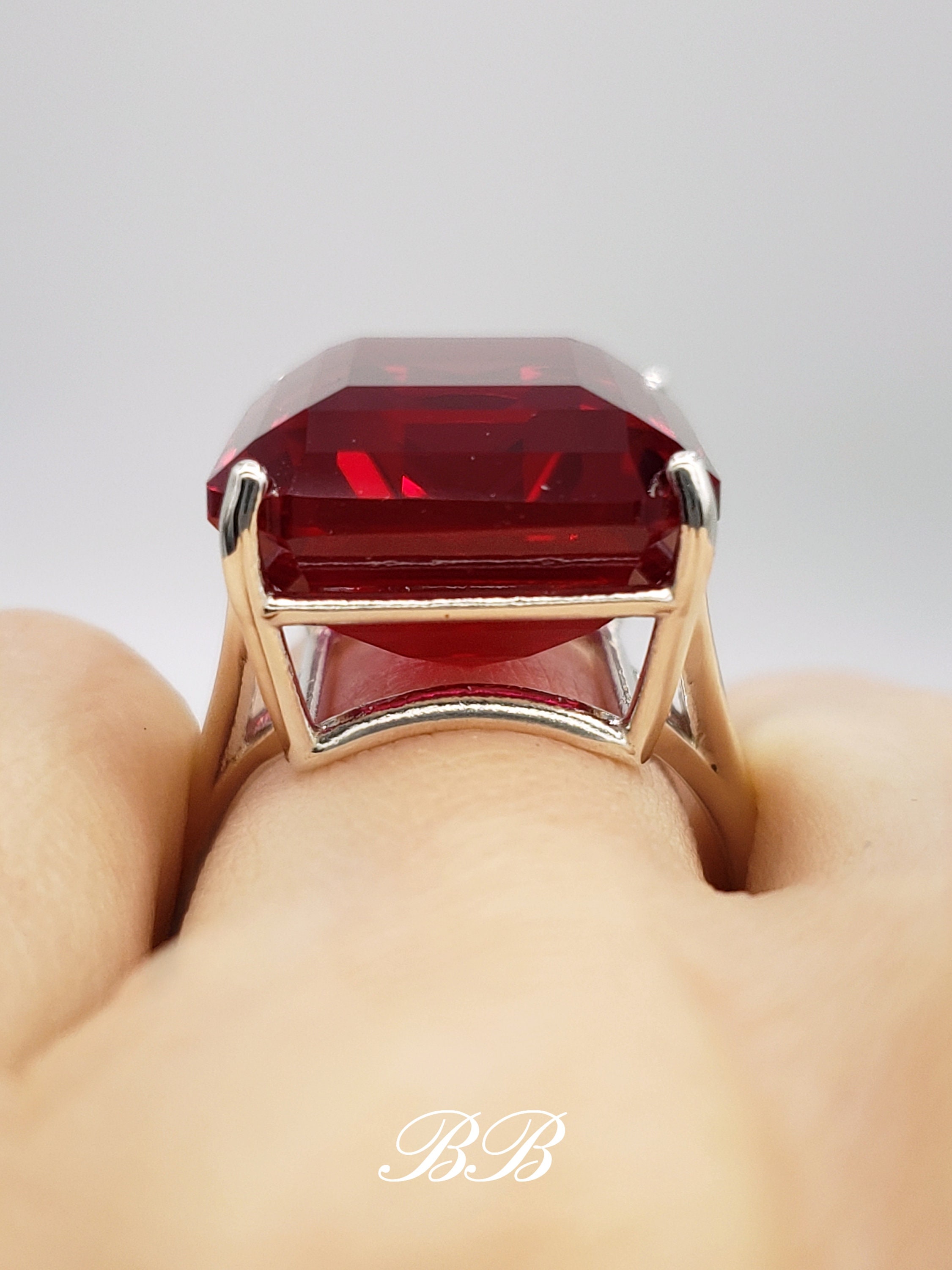 Big 20x15mm Lab Red Ruby, Emerald Step Cut, Statement Solitaire Ring ...