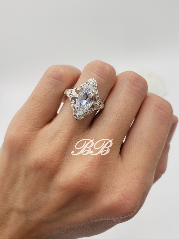 14x7MM Marquise Vintage Scroll Solitaire Replica Engagement Statement Ring, 6A Quality Cubic Zirconia, Sterling Silver, Made to Order