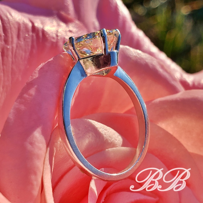May include: A silver ring with a large, square-cut, light yellow gemstone. The ring is set against a soft pink rose, with the initials "BB" in a cursive script in the lower right corner.