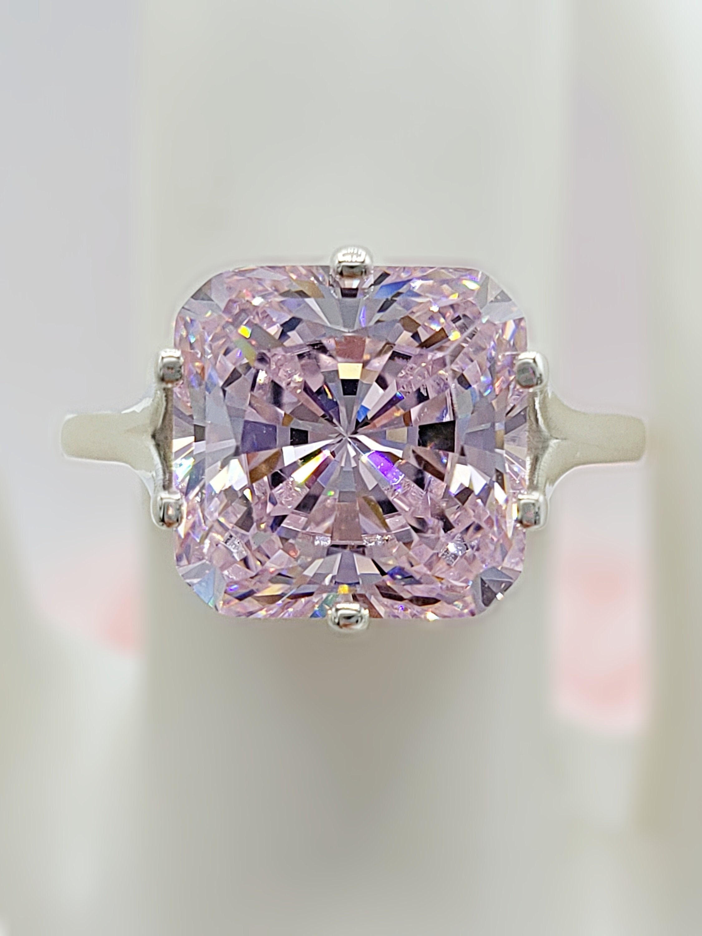 8MM - 10MM Light Pink CZ Radiant, 6-Prong Solitaire Engagement Wedding Ring, 5A Quality Cubic Zirconia, Sterling Silver, Made to Order