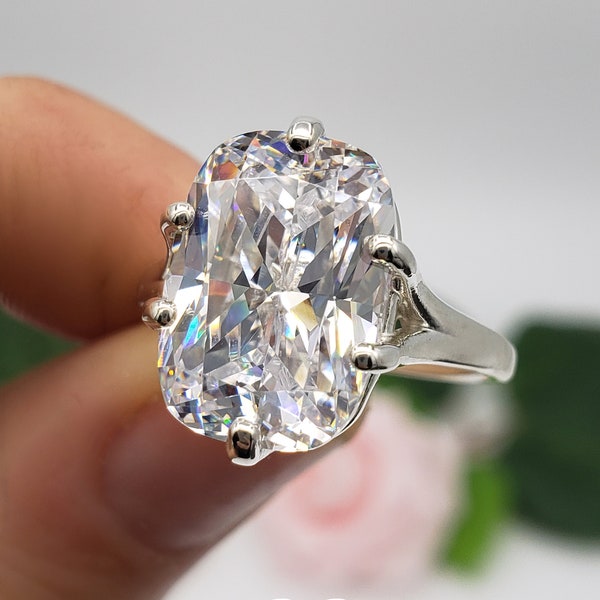 10x8mm-14x10mm Elongated Cushion Cut, Solitaire Ring, 6A Quality Cubic Zirconia or Moissanite, Sterling Silver, Made to Order