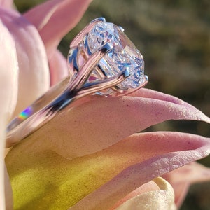 May include: A silver ring with a large, clear, round-cut diamond set in a prong setting. The ring is on a pink flower.