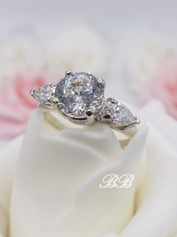 8mm - 10mm Portuguese Cut Cubic Zirconia, Pear Accents, Three Stone Engagement Ring, 6A Quality CZ, 925 Sterling Silver, Made to Order