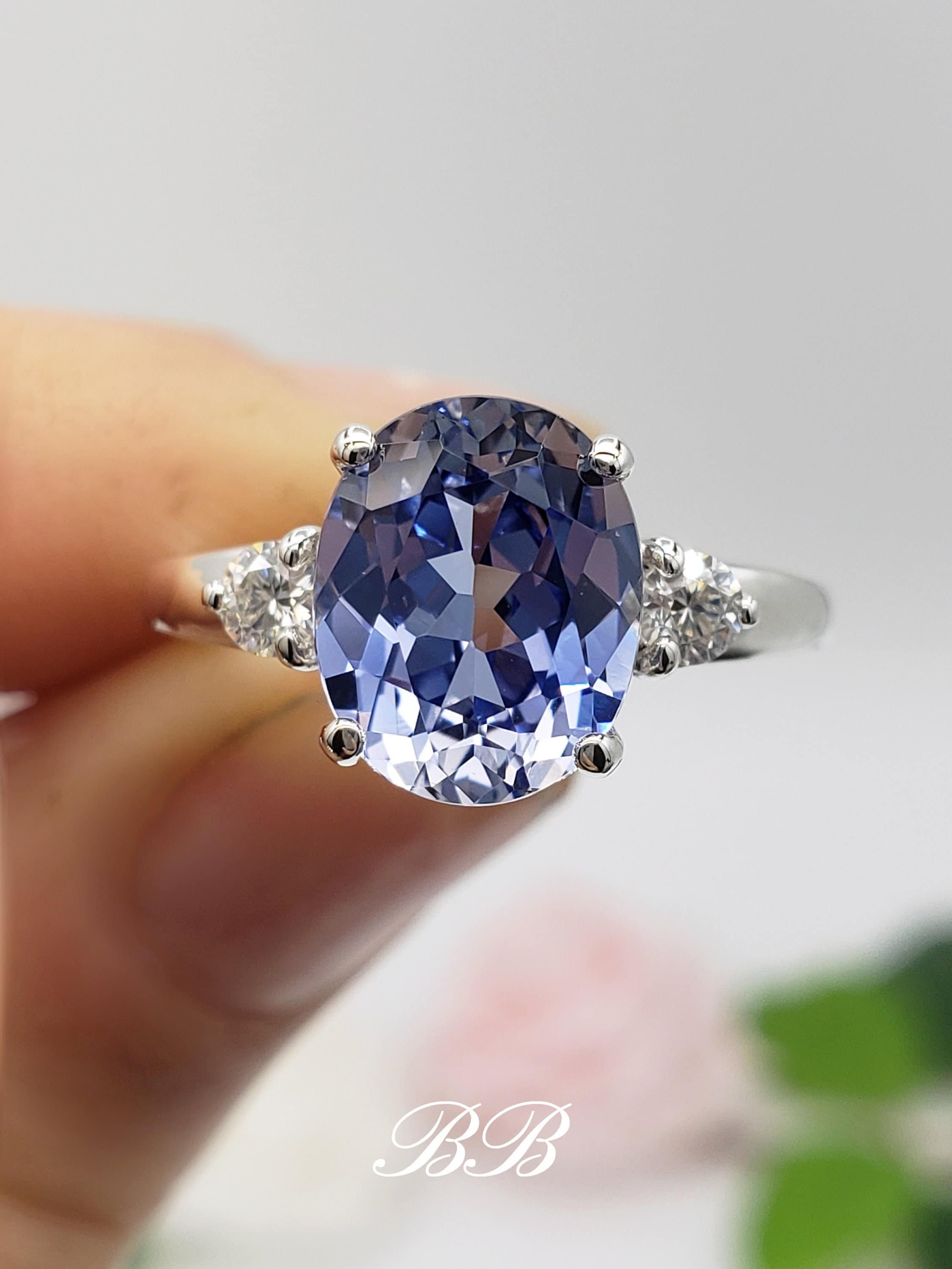 9x7mm-14x10mm Lab Created Ceylon Blue Sapphire, Oval Cut, Three Stone Ring, Sterling Silver or Gold, Made to Order