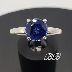 8MM Lab-Created Dark Blue or Ceylon Blue Sapphire Round Natural Cut, 4-Prong Solitaire Ring, Sterling Silver, Made to Order, Jewelry Gift