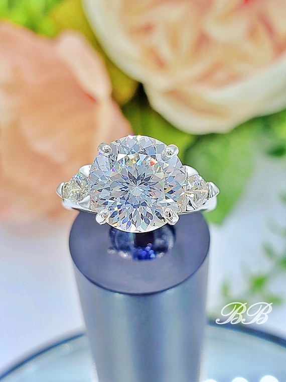 8MM - 10MM Portuguese Cut, 4MM Trillion Accents Engagement Ring, 6A Quality Cubic Zirconia, Sterling Silver, Made to Order
