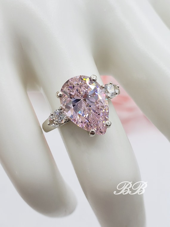 10x7mm -15x10mm Light Pink Pear Cut CZ with (4) Round Cubic Zirconia Accents, 5A Quality CZ, Statement Ring, Sterling Silver, Made to Order