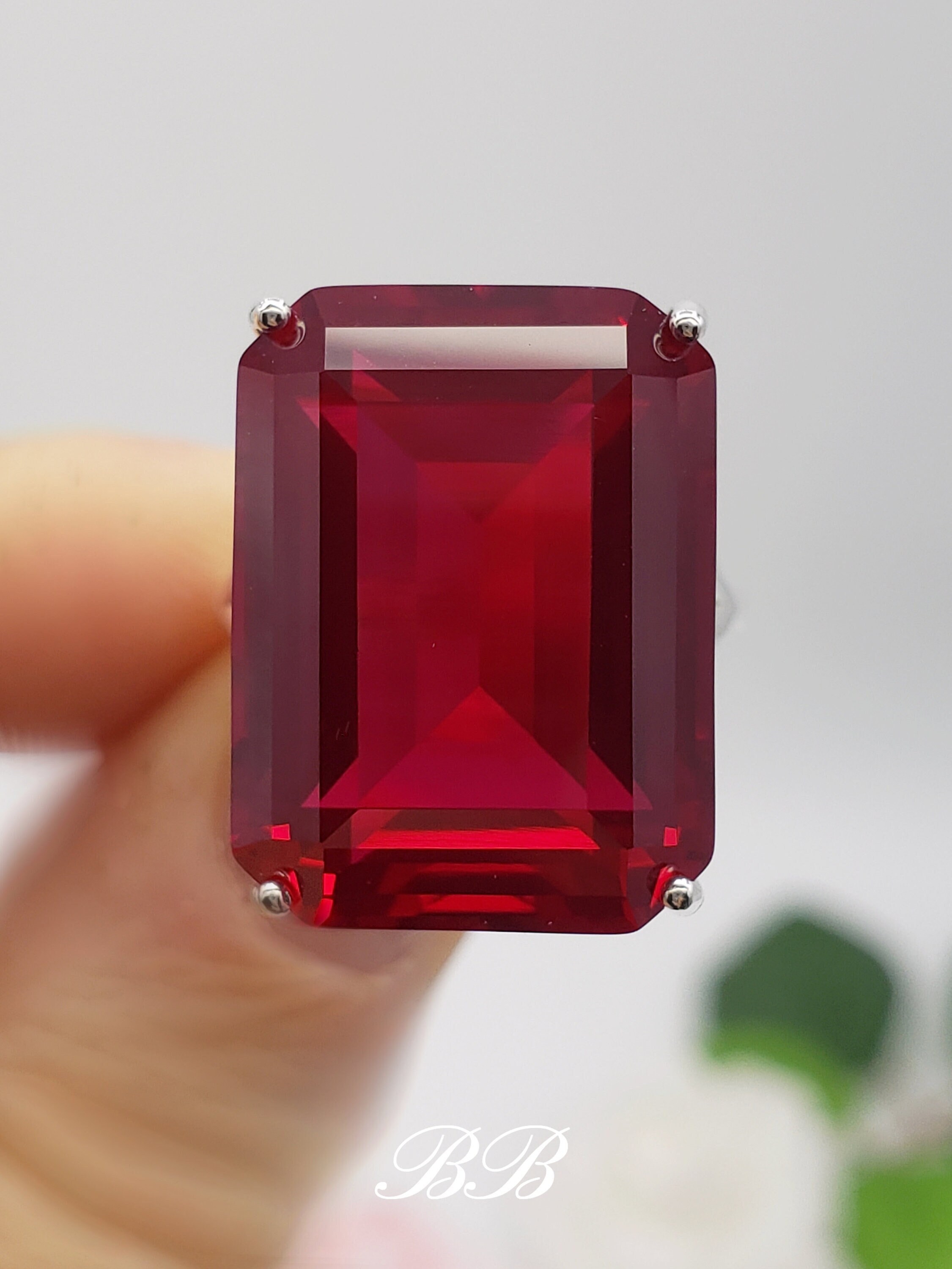 Big 20x15mm Lab Red Ruby, Emerald Step Cut, Statement Solitaire Ring ...