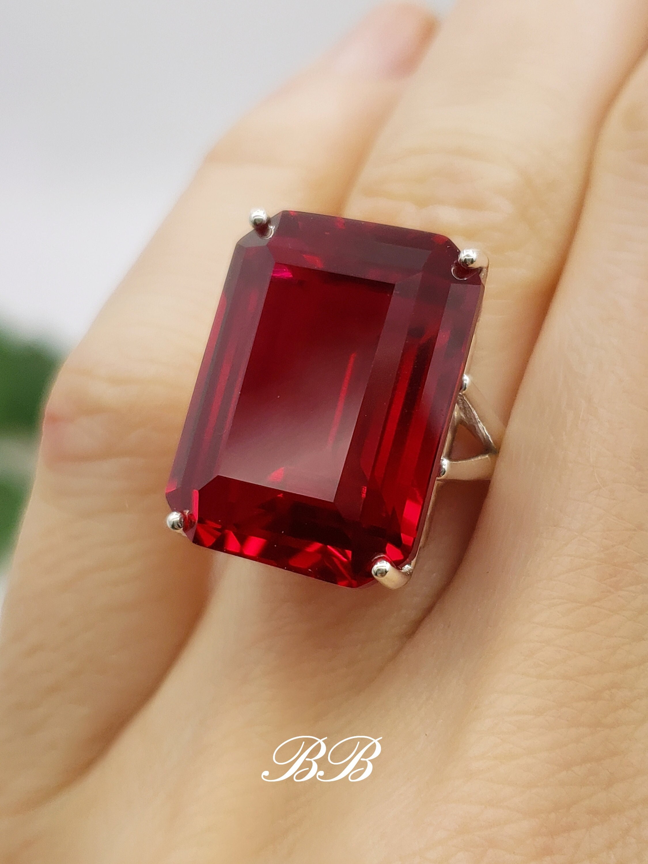 Big 20x15mm Lab Red Ruby, Emerald Step Cut, Statement Solitaire Ring ...