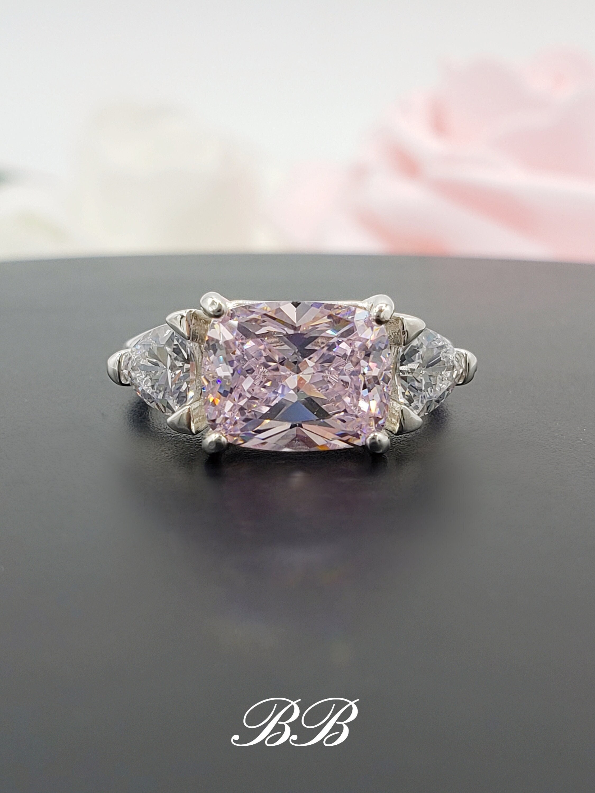 10x8mm Light Pink Elongated Cushion Cut, Three Stone Ring