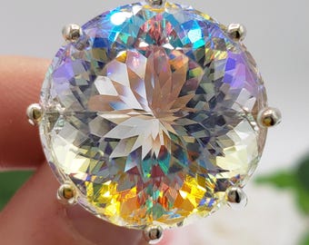 20mm Rainbow Mystic Crystal Quartz Portuguese Cut Ring, 925 Sterling Silver, Made to Order