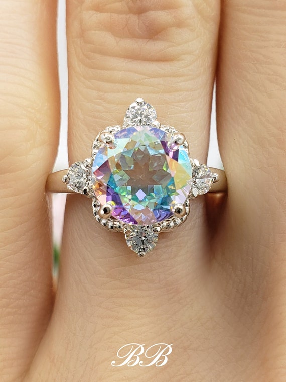 7mm 9mm Mystic Mercury Topaz Gemstone Milgrain Multi stone Ring 925 Sterling Silver or Gold Made to Order Etsy