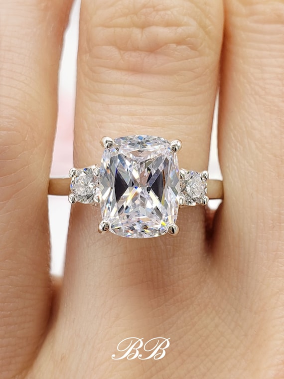 10x8mm Elongated Cushion Cut, Three Stone Engagement Anniversary Ring, 6A Quality Cubic Zirconia, Made to Order, 925 Sterling Silver