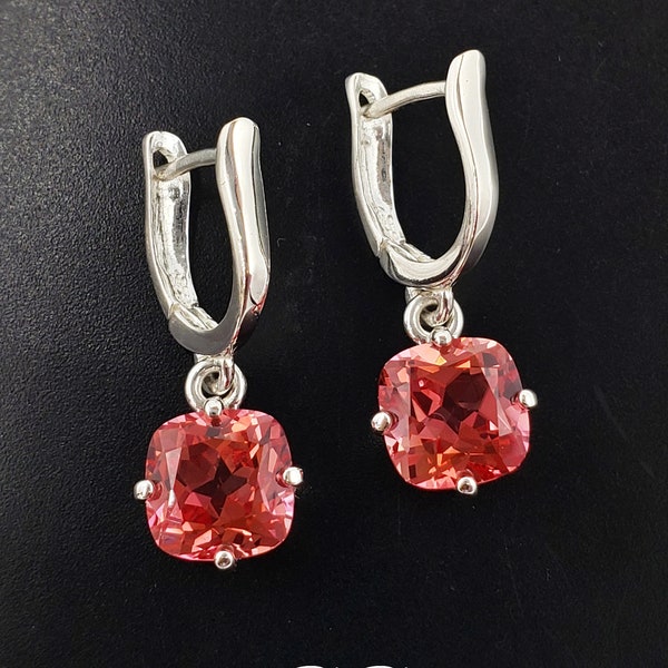 7mm-10mm Cushion Cut & Other Shapes, Lab Created Orange Padparadscha Sapphires, Leverback Dangle Earrings, Sterling Silver, Made to Order