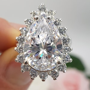 15x10mm Pear Cut, 6A Cubic Zirconia Halo Ring, Sterling Silver or Gold, Made to Order, Jewelry Gift
