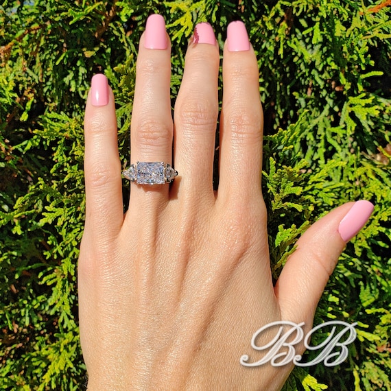 10x8mm Brilliant Radiant Trillion Three Stone Ring Side Set East West Engagement Ring 5A Quality CZ 925 Sterling Silver Made to Order