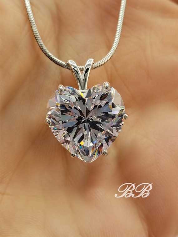 7mm-15mm Heart Cut Pendant Necklace, 6A Quality Cubic Zirconia, 925 Sterling Silver, Made to Order