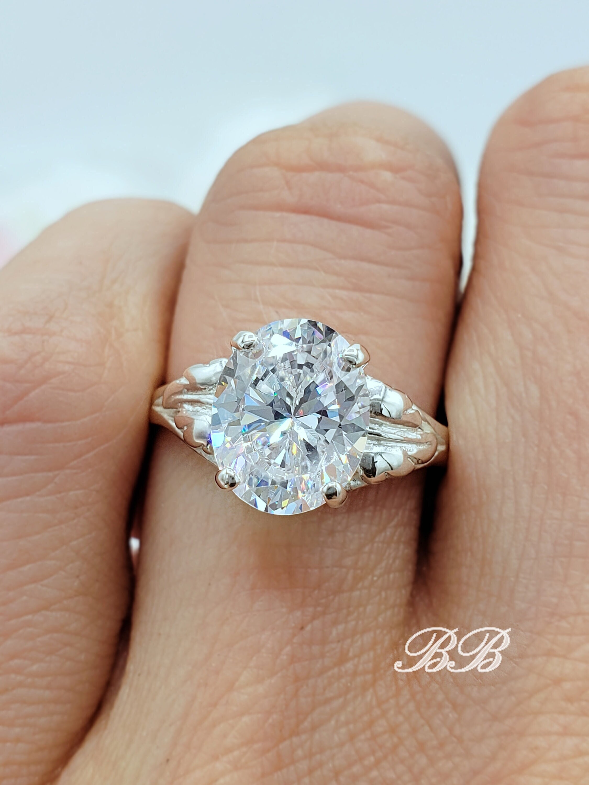 8x6MM - 12x10MM Oval Leaf Accented Ring, 6A Quality Oval Cubic Zirconia, Sterling Silver, Made to Order
