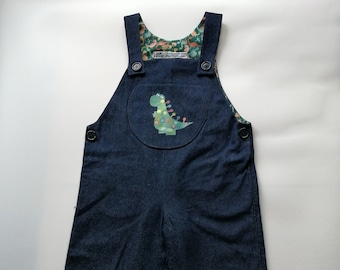 Denim Toddler Dungarees with Dinosaur Cotton Lining and Dinosaur Motifs