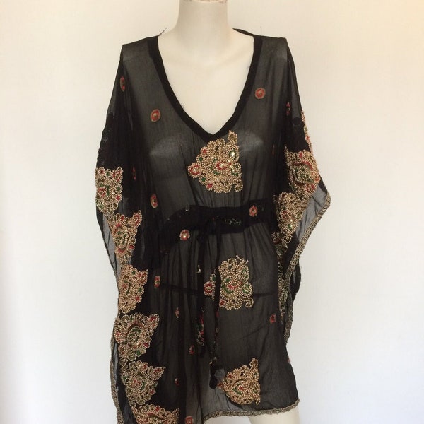 Boho Perlen Kaftan,Lange Schwarz und Gold Party Top,Strand Cover Up,Festival Tunika,besticktes Kleid,Lange Pailletten Kaftan,Seiden Tunika,