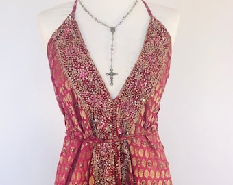 Boho Pailletten Kleid, Langes Partykleid, Rosa Seidenkleid, Sexy Neckholder Kleid, Hippy Göttin, Low Back Riemchenkleid, Glitzer Abendkleid