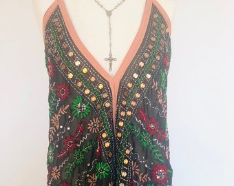 Beaded Black Dress,Boho Long dress,Sexy halterneck dress,Sequinned maxi dress,Floaty SunDress,Embroidered holiday dress,One of a Kind