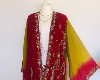 Boho Embellished Jacket,Evening CardiganBeaded Party Jacket,Red and Gold Sequinned Kimono,Silk Cover Up,Hippy Duster,Bell Sleeves Jacket