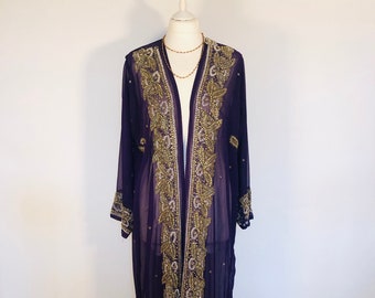 Boho Embellished Jacket,Purple Sequinned Kimono,Beaded Evening Jacket,Gold Paisley Robe ,Hippy Chic,Festival Cover Up,Chiffon Party Jacket