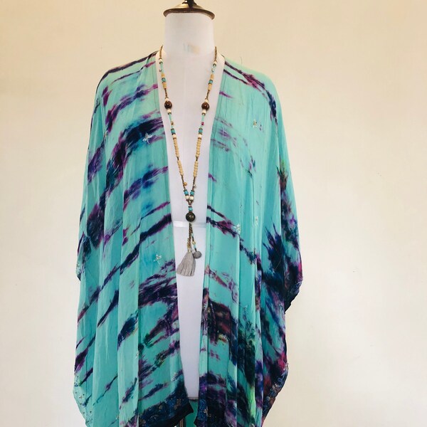 Boho Silk Kimono,Sequinned Tie Dyed Jacket ,Long Silk Kimono,Hippy festival duster, Floaty,Loose Silk Wrap,Beach Holiday Cover Up