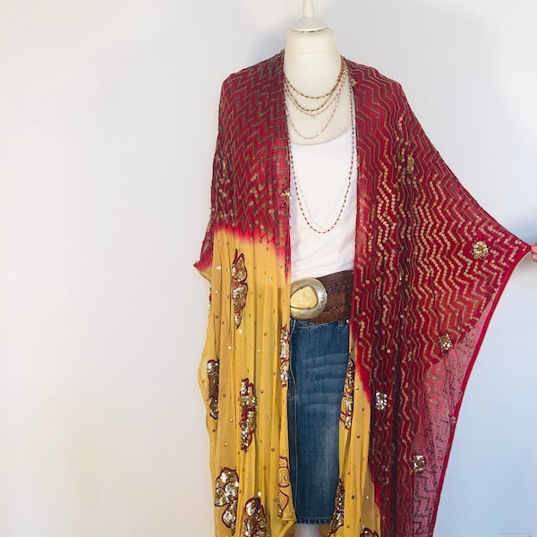 Boho Sequinned Jacket,Gold Party Cardigan Kimono,Beaded Silk Robe,Long Floaty Cover Up,Hippy Chic Wrap ,One of a Kind Butterfly Jacket