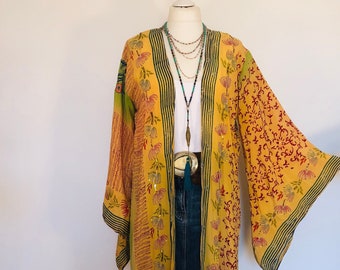 Veste brodée Boho, long kimono en soie, kimono de fête à paillettes, plumeau à manches cloche, robe de plage jaune et citron vert, robe portefeuille unique