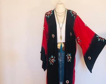 Boho Sequinned Jacket,Bell Sleeves Kimono,Embellished Black Party Duster,Long Beaded Wrap Dress,Embroidered Vintage Robe,Evening Cover Up