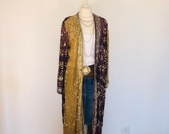 Boho Sequinned Kimono,Gold Beaded Party Jacket,Unique Embroidered Robe ,Long Goddess Duster,,Silk Cover Up,Rmbellished Evening Jacket