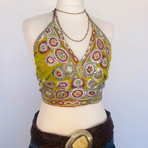 Boho Festival Top,Silver Sequinned Top,Embroidered Cropped Party Top,Sexy Top,Hippy Goddess Bralette,Halterneck Beach Holiday Bikini Top
