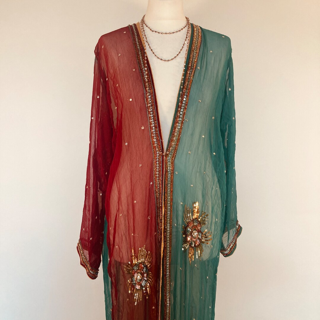 Boho Beaded Robe,long Sequinned Kimono,goddess Party Jacket,green and ...
