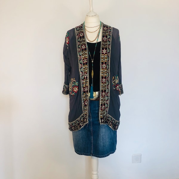 Handmade Free Size Embroidered Black Kimono with Tassels - Stylish Crepe Georgette Jacket main image 1