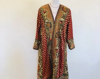 Boho Gold Sequinned Jacket, Long Brocade Kimono,Goddess Party Robe,Unique Beaded Red Jacket,Evening Duster,Embroidered Festival Coat