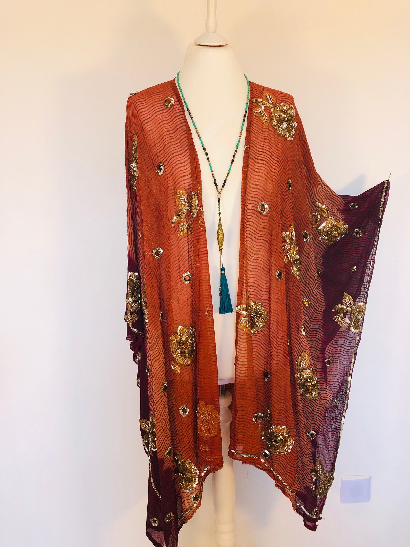 Boho Long Silk Kaftan Jacket Bohemian Beaded Butterfly Etsy