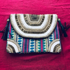 Boho Gold Party Bag,Sequinned Clutch,Beaded Shoulder Bag,Hippie Holiday Bag,Festival Bag,Cross Body Tassels,Evening Party Purse,Banjara Bag