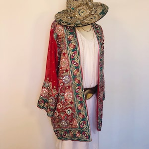 Boho Beaded Kimono,Embroidered Pink and Silver Jacket,Sequinned Boho Chic Jacket,Unique Hippy Robe,Long Silk Evening Duster,Glitter Wrap