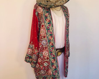 Boho Beaded Kimono,Embroidered Pink and Silver Jacket,Sequinned Boho Chic Jacket,Unique Hippy Robe,Long Silk Evening Duster,Glitter Wrap