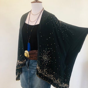 Boho Beaded Kimono,Black and Silver Party Jacket,Embellished Cardigan,Embroidered Silk Shawl,Sequinned Evening Robe,Holiday Cover Up Wrap