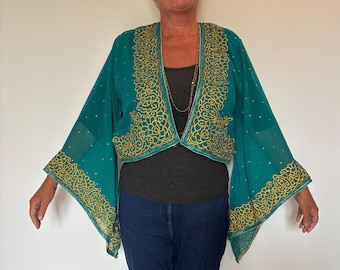 Boho Beaded Top,Unique Vintage Bolero,Cropped Sequins Party Jacket,70s Hippy,Turquiose and Gold,Crystal Embellished Shrug,Evening Cover Up