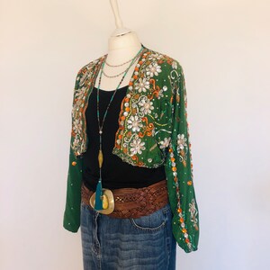 Boho Beaded Top,Vintage Bolero Jacket,Unique Cropped Jacket,Sequins Party Jacket,70s Hippy,Gold Silver Crystal Embellished,Evening Cover Up